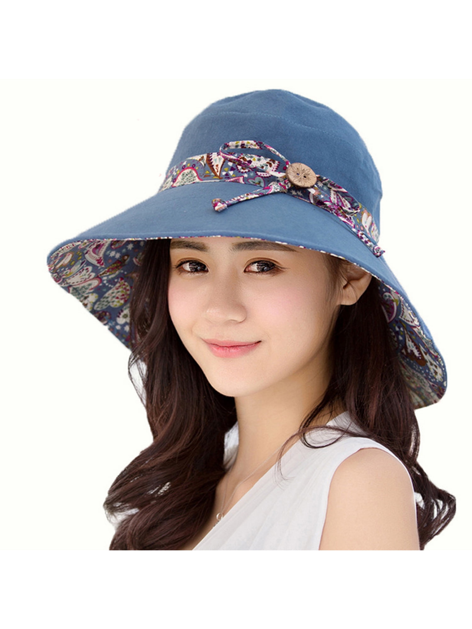 La Women Summer Casual Big Wide Brim Cotton Hat Floppy Derby Beach Sun Foldable Cap, Women's, Size: One size, Blue