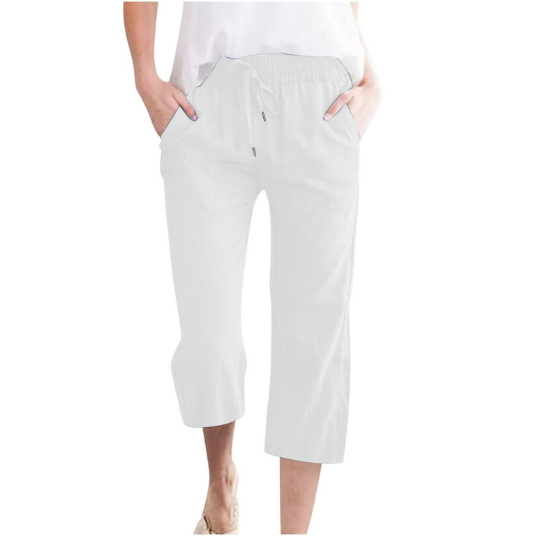 Women Summer Casual Cotton Linen Capris Solid Drawstring Elastic High Waist  Pants with Pockets Loose Wide Leg Trousers(XXXXL,White) 