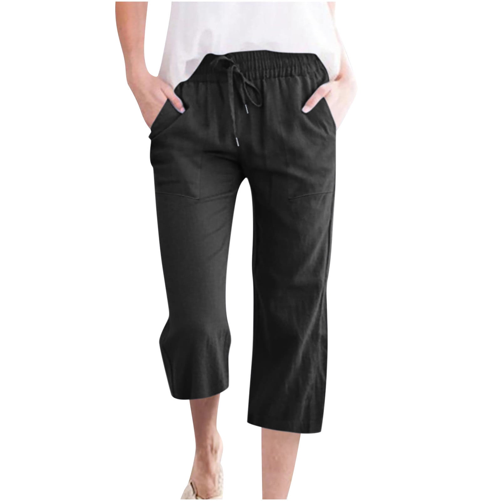 JSKUMAR Women Summer Casual Cotton Linen Capris Solid Drawstring Elastic High Waist Pants with Pockets Loose Wide Leg Trousers(XXXXXL,Black)