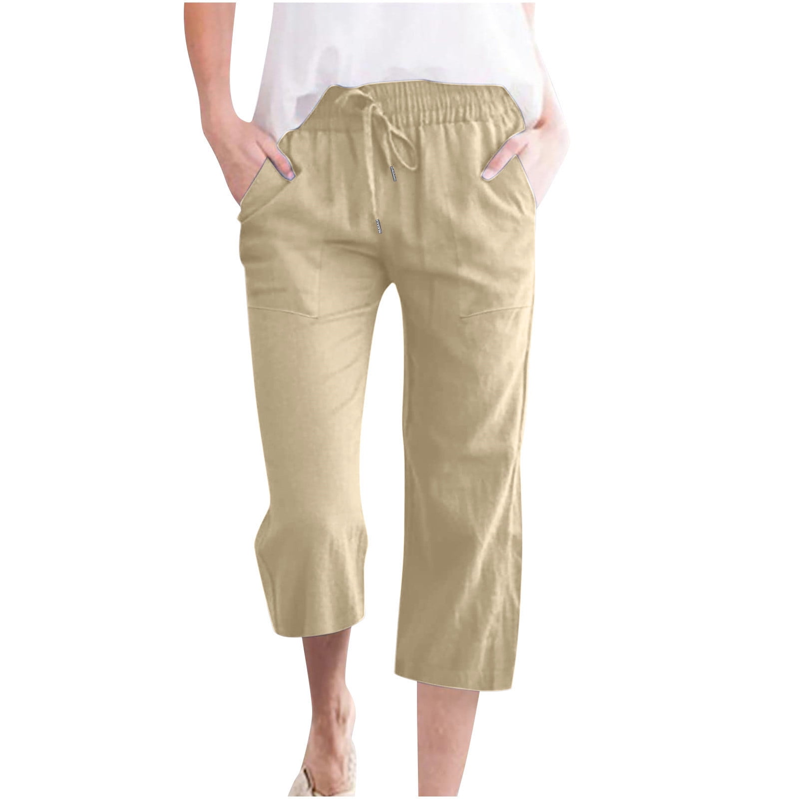 JSKUMAR Women Summer Casual Cotton Linen Capris Solid Drawstring Elastic High Waist Pants with Pockets Loose Wide Leg Trousers(XXXXXL,Khaki)