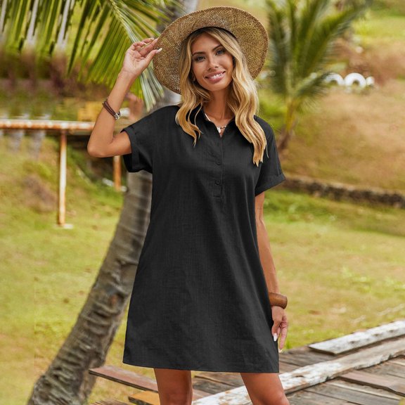 Women Summer Casual Dress Comfortable Breathable Knee Length Beach Skirt Short Sleeve Shirt Dress Stylish Lightweight Flowy