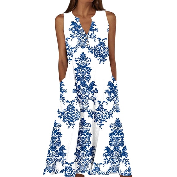 Women Summer Casual Dress Sleeveless Midi Boho Tank Sundress with Pockets V Neck Buttons A-Line Floral Swing Tshirt Dresses