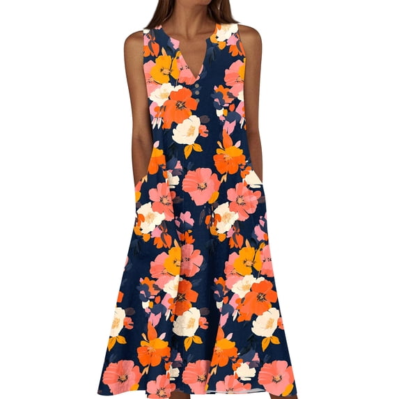 Women Summer Casual Dress Sleeveless Midi Boho Tank Sundress with Pockets V Neck Buttons A-Line Floral Swing Tshirt Dresses
