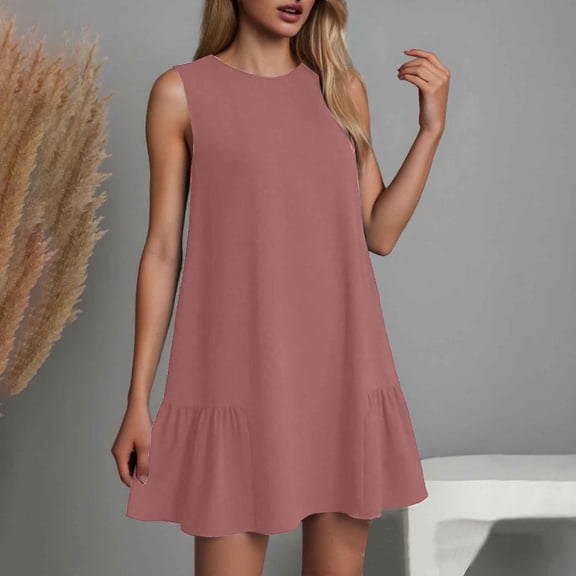 Women Summer Casual Dress Sleeveless Round Neck Plain Mini Flowy Beach Tunic Loose Fit Comfortable Daily Wear