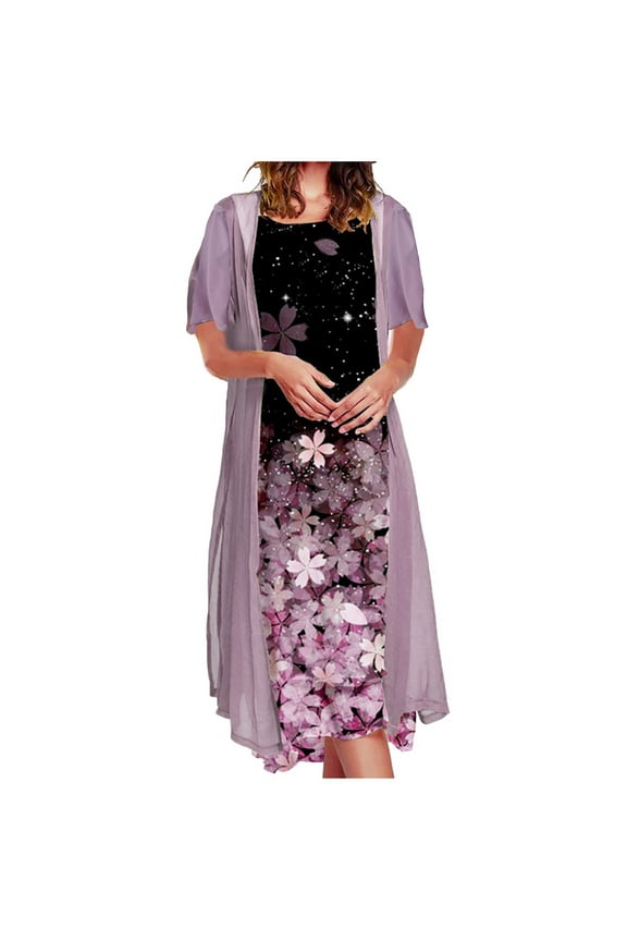 Women Summer Casual Dress Vacation Floral Chiffon Sleeveless Maxi Dress Two Piece Set Dress Cardigan