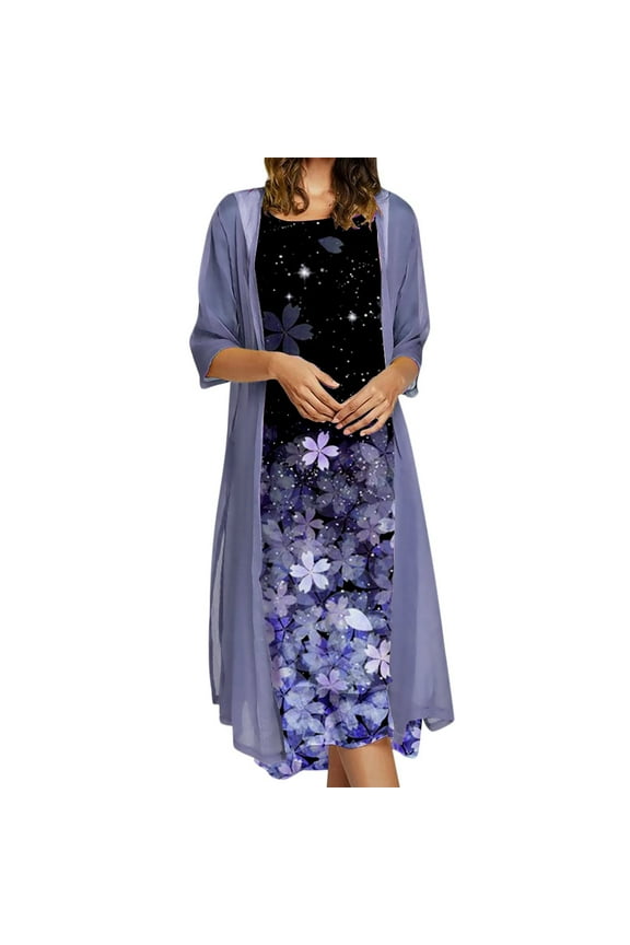 Women Summer Casual Dress Vacation Floral Chiffon Sleeveless Maxi Dress Two Piece Set Dress Cardigan