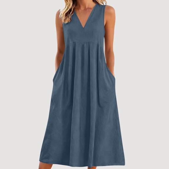 Women Summer Casual Dresses V Neck Sleeveless Sundresses Fashion Beach Dress with Pockets