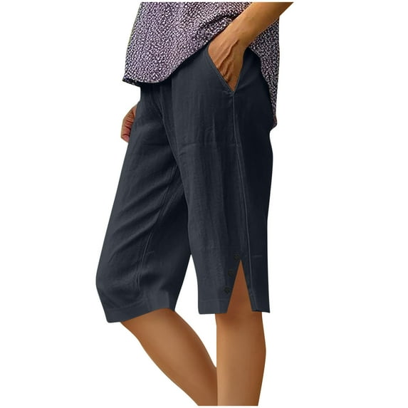 Women Summer Casual Elastic High Waisted Wide Leg Linen Pants Baggy Bermuda Shorts with Pockets