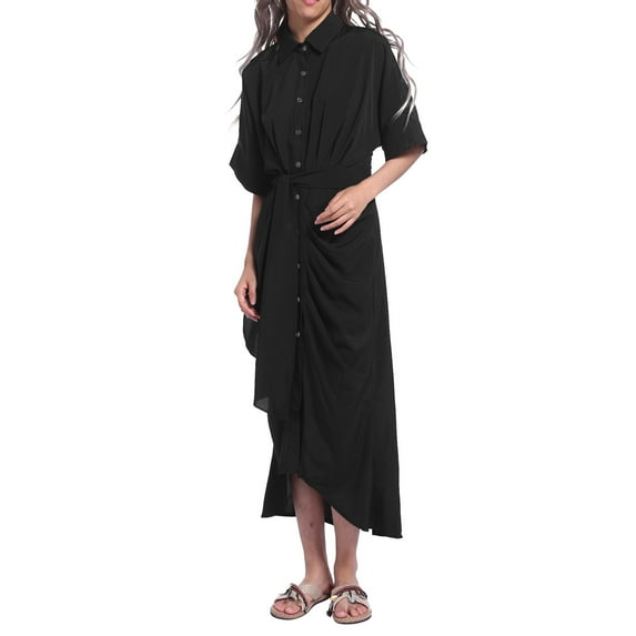 Women Summer Casual Elegant Solid Color Short Sleeve Belted Shirt Dress Comfortable Flowy Stylish Versatile Outfit