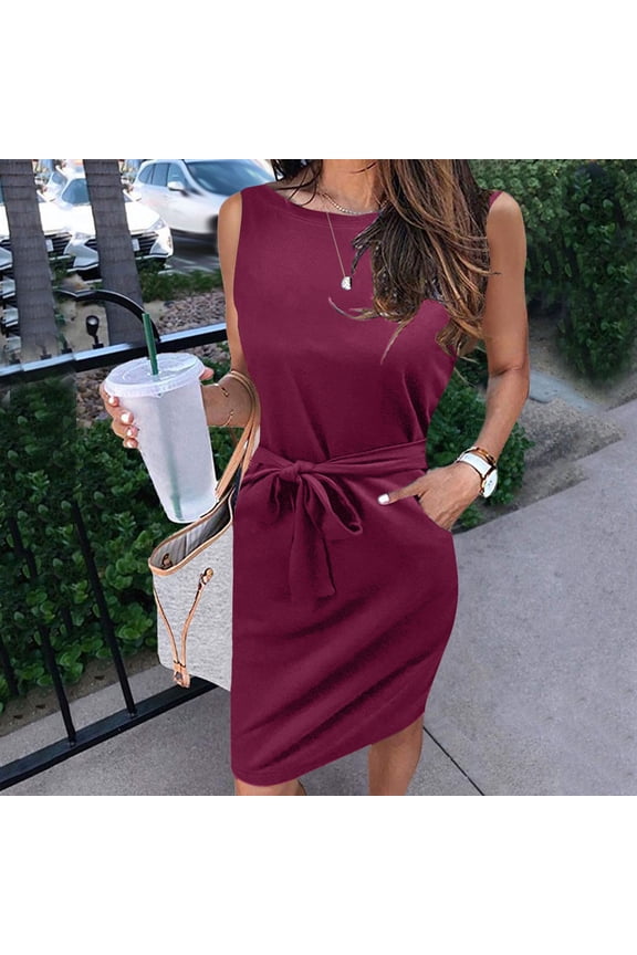 Women Summer Casual Fashion Round Neck Sleeveless Tie Pocket Casual Dress Women Dresses below The Knee Tight Summer Dress for Women Dresses for Women Casual Summer Swing Dresses for Women Knee Length