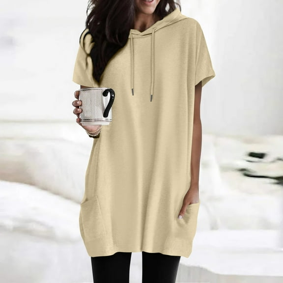 Women Summer Casual Fashion Short Sleeve Soild Color Hooded Long Double Pocket TShirt Top Athletic Wear Women Layering Tee for Women Casual Shirts Women Athletic Top Layering Shirt Women Womens