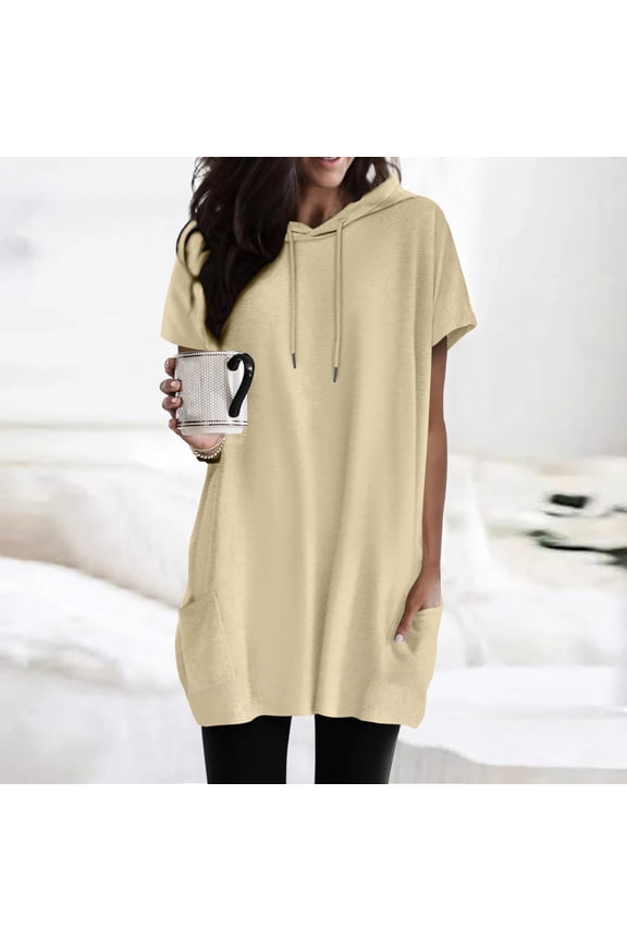 Women Summer Casual Fashion Short Sleeve Soild Color Hooded Long Double Pocket TShirt Top Set Shirt Blank Athletic Shirts Tech Pack Shirts for Women Tall Short Sleeve Tee Tops Womens Tee Tops