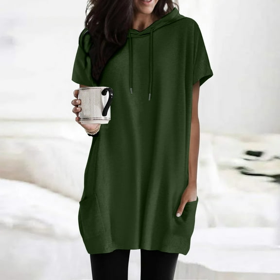 TYGHBN Women Summer Casual Fashion Short Sleeve Soild Color Hooded Long Double Pocket TShirt Top Set Shirt Blank Athletic Shirts Tech Pack Shirts for Women Tall Short Sleeve Tee Tops Womens Tee Tops