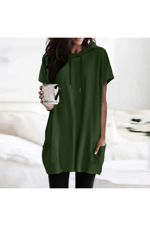 Women Summer Casual Fashion Short Sleeve Soild Color Hooded Long Double Pocket TShirt Top Set Shirt Blank Athletic Shirts Tech Pack Shirts for Women Tall Short Sleeve Tee Tops Womens Tee Tops