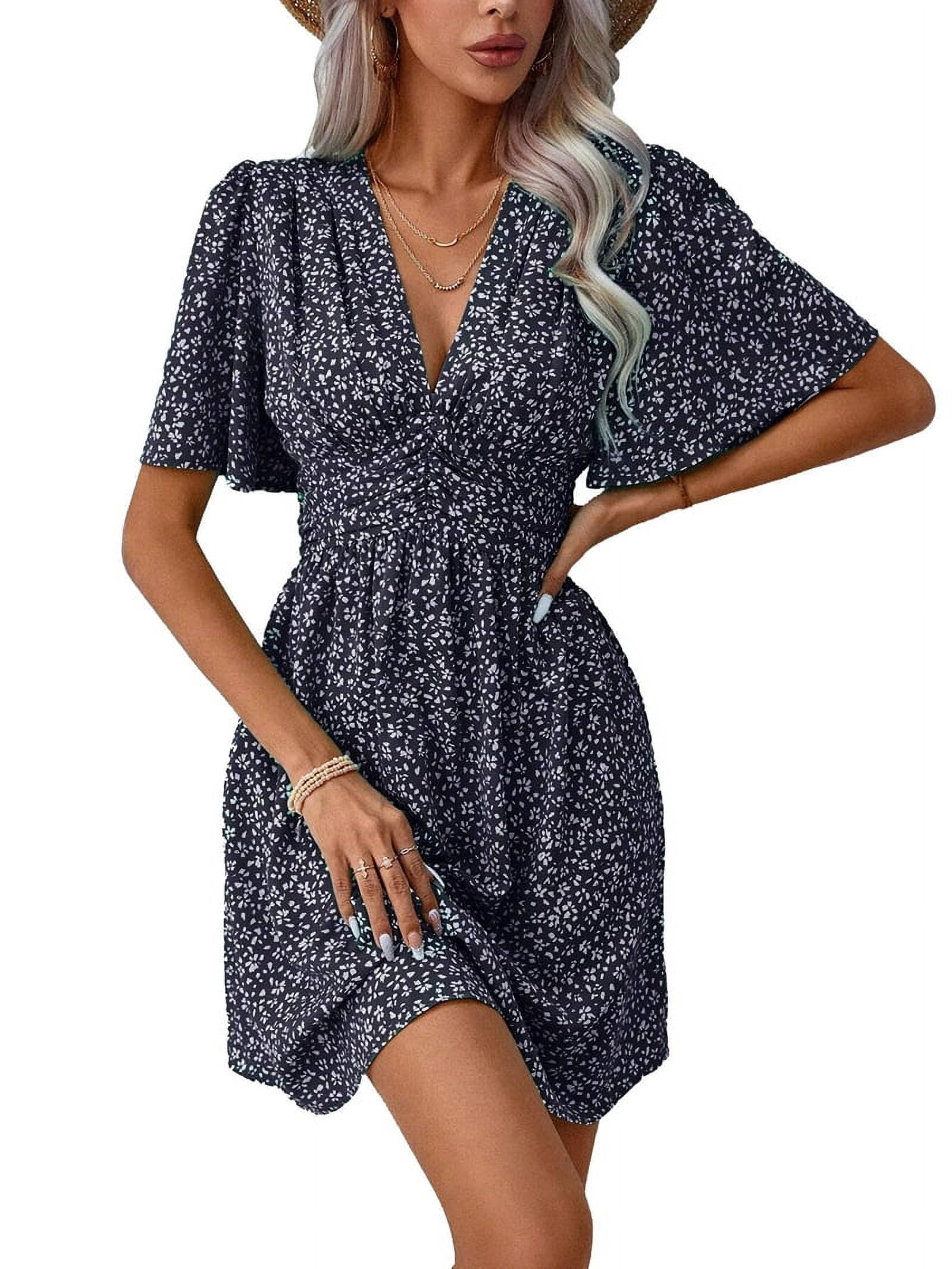 Women Summer Casual Floral Print Short Flutter Sleeve Mini Dress Casual Sundress V Neck Sun Dresses Black S