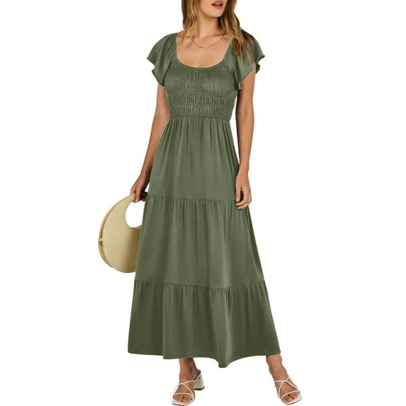 Women Summer Casual Flutter Short Sleeve V Neck Smocked Elastic Waist Tiered A Line Maxi Dress Knee Length Summer Dresses Petite Midi Dress Sleeveless for Women Summer Dresses for Women Work Tunics