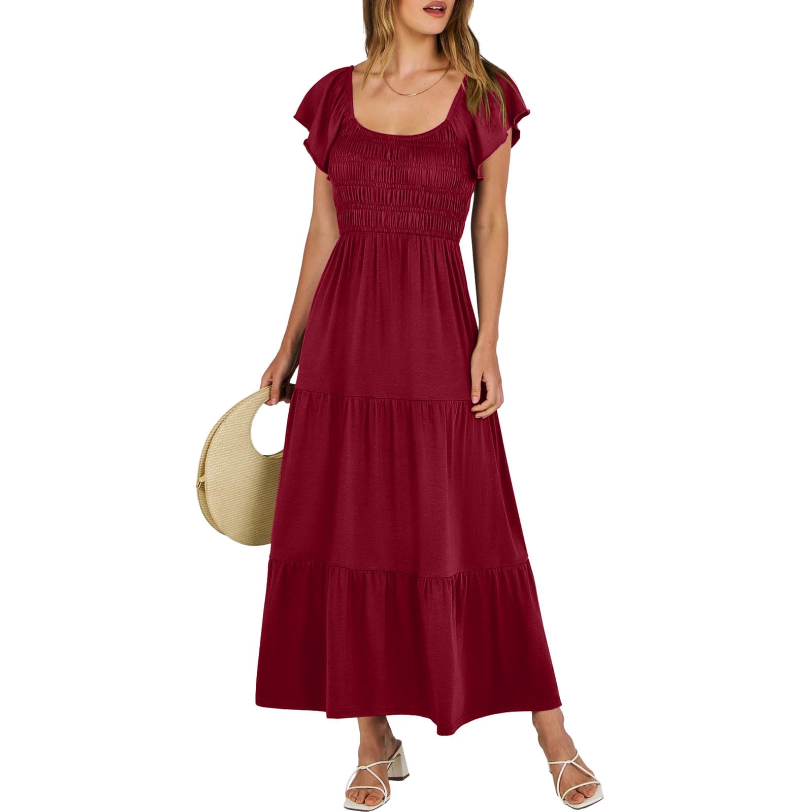 Women Summer Casual Flutter Short Sleeve V Neck Smocked Elastic Waist  Tiered A Line Maxi Dress Knee Length Summer Dresses Petite Midi Dress  Sleeveless for Women Summer Dresses for Women Work Tunics -