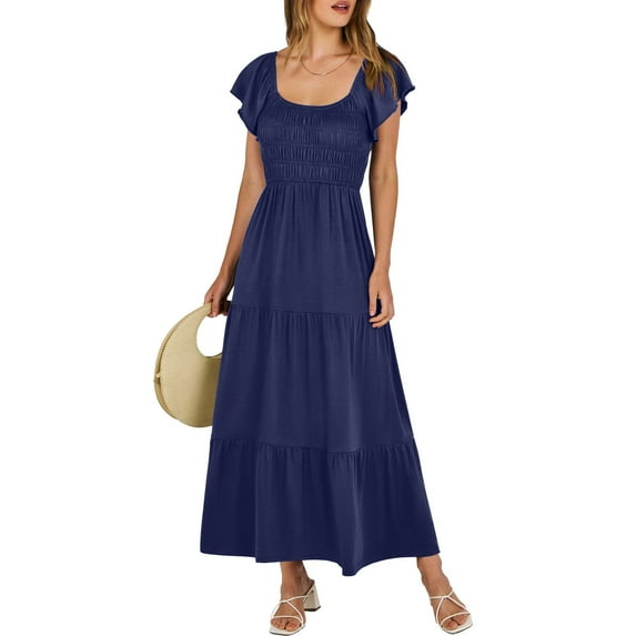 Women Summer Casual Flutter Short Sleeve V Neck Smocked Elastic Waist Tiered A Line Maxi Dress Mini Dress Casual Dress Summer Short Casual Dress Women Dress for Summer Button Dresses Casual Dresses