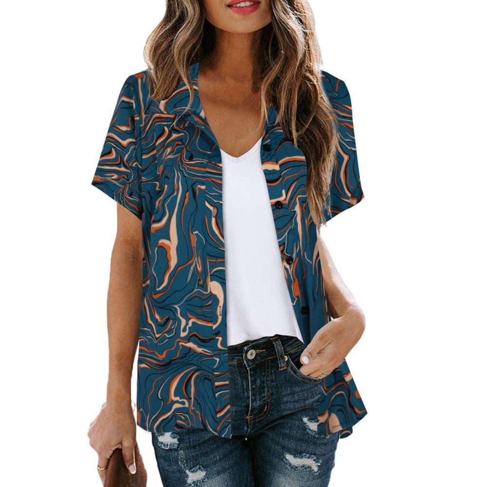 Women Summer Casual Hawaiian Shirt Lapel Short Sleeve Single Breasted