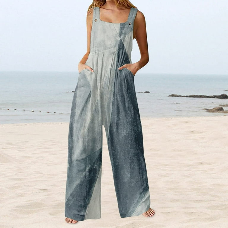 Women Summer Casual Jumpsuit Boho Sleeveless Suspender Overalls Romper Pants  with Pockets Bohemian Style Trousers 