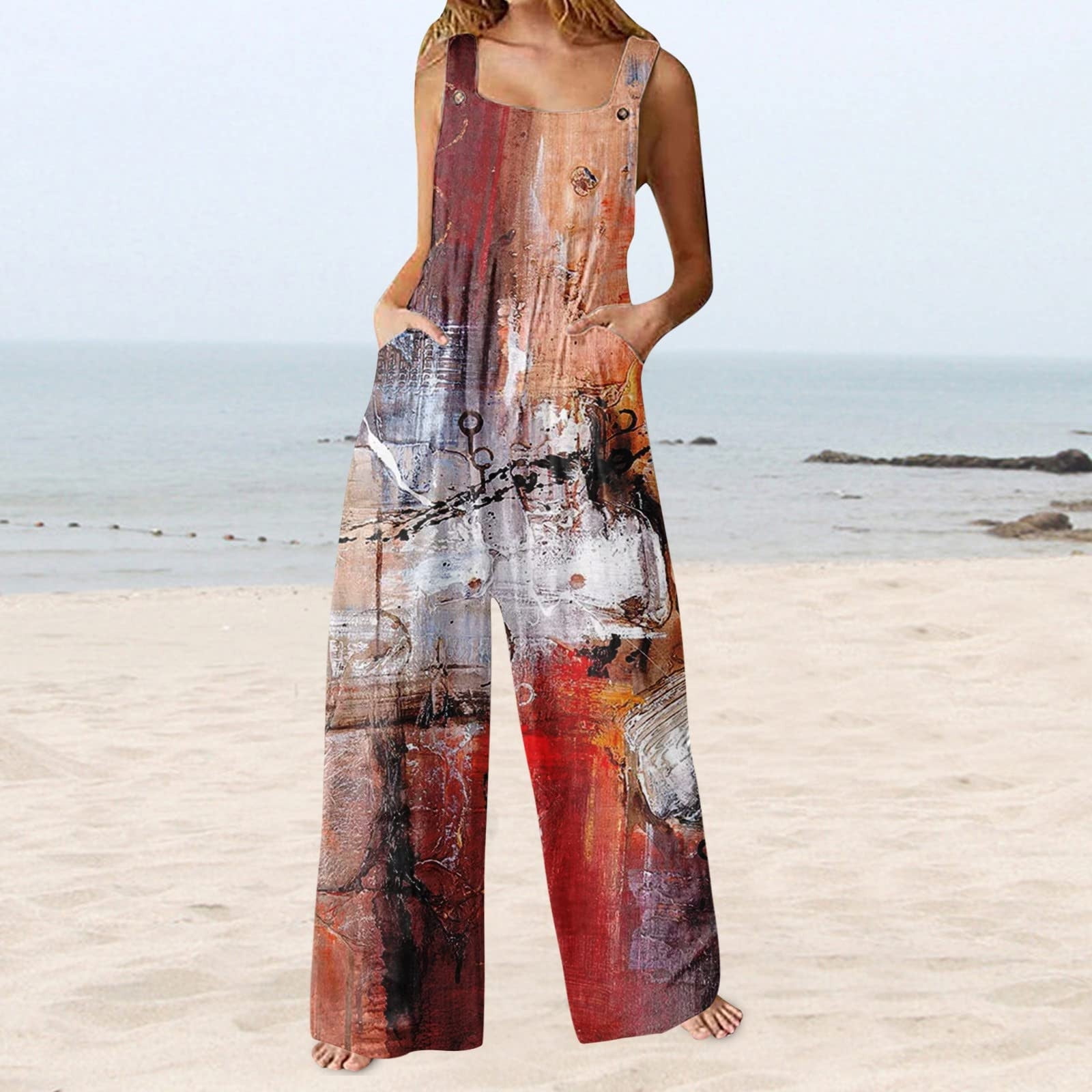 Women Summer Casual Jumpsuit Boho Sleeveless Suspender Overalls