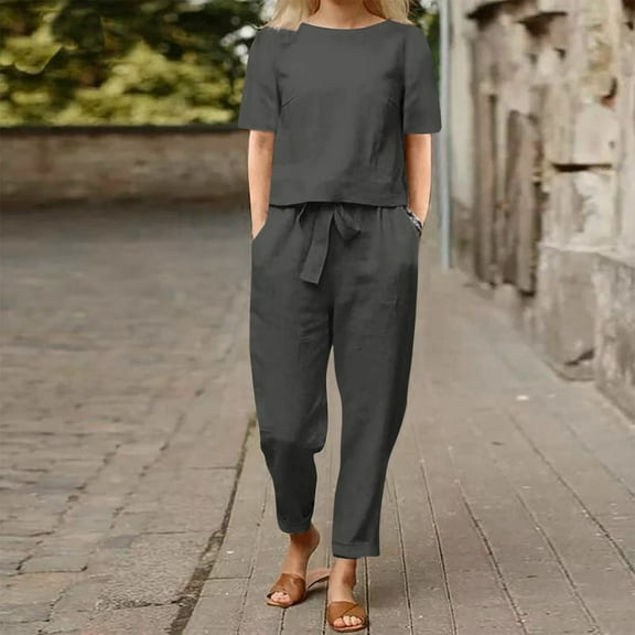 Women Summer Casual Linen Pants Suit Loose Wide Leg Comfortable Short Sleeve Round Neck Outfit Set for Daily Wear