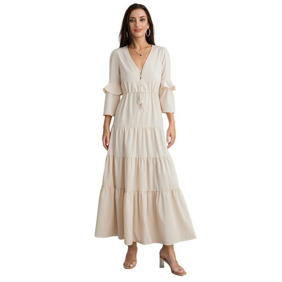 Women Summer Casual Long Dress Solid Color Buttons V-Neck 3/4 Sleeve A-line Dress Fashion Tie-Up Big Swing Holiday Dress