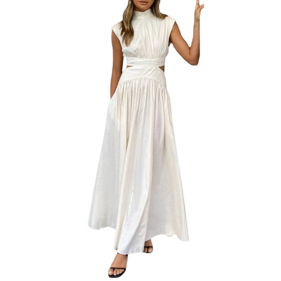 Women Summer Casual Long Dress Solid Color Stand Collar Waist Hollow-Out Sleeveless Dress Beach Holiday Loose Dress
