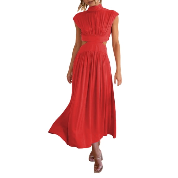 Women Summer Casual Long Dress Solid Color Stand Collar Waist Hollow-Out Sleeveless Dress Beach Holiday Loose Dress