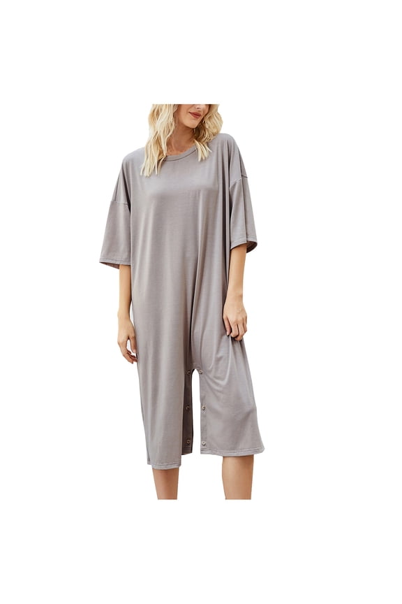 Women Summer Casual Loose Solid Color Mid Sleeve Homewear Jumpsuit Crewneck Soft Comfy Sleepwear Loungewear Rompers