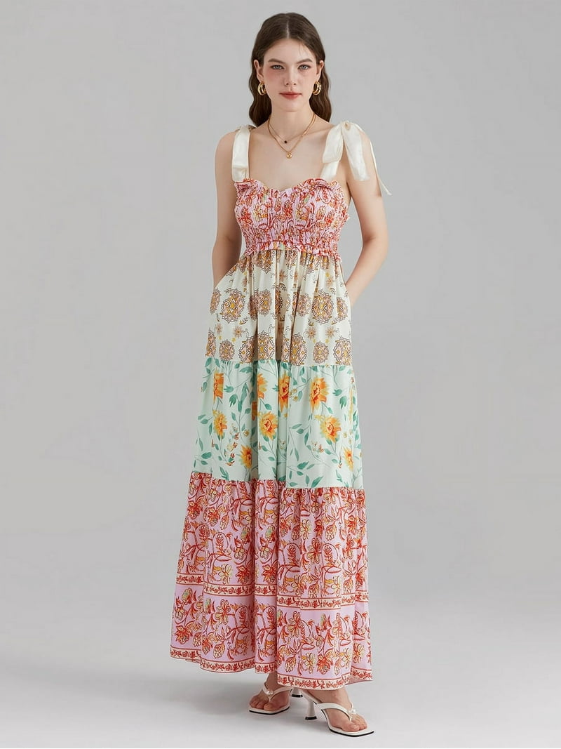 Women Summer Casual Maxi Dress Boho Dress Sleevelss Tie up Flowy Dress  Cutout Long Dress Vacation Beach Dress
