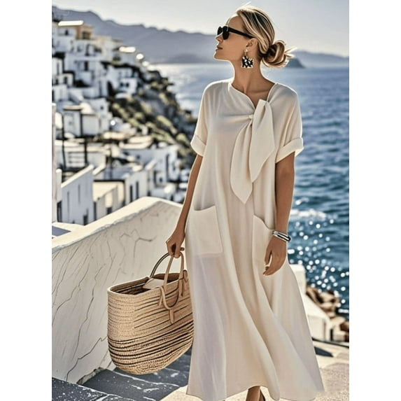 Women Summer Casual Maxi Dress with Pockets, Short Sleeve V Neck loose