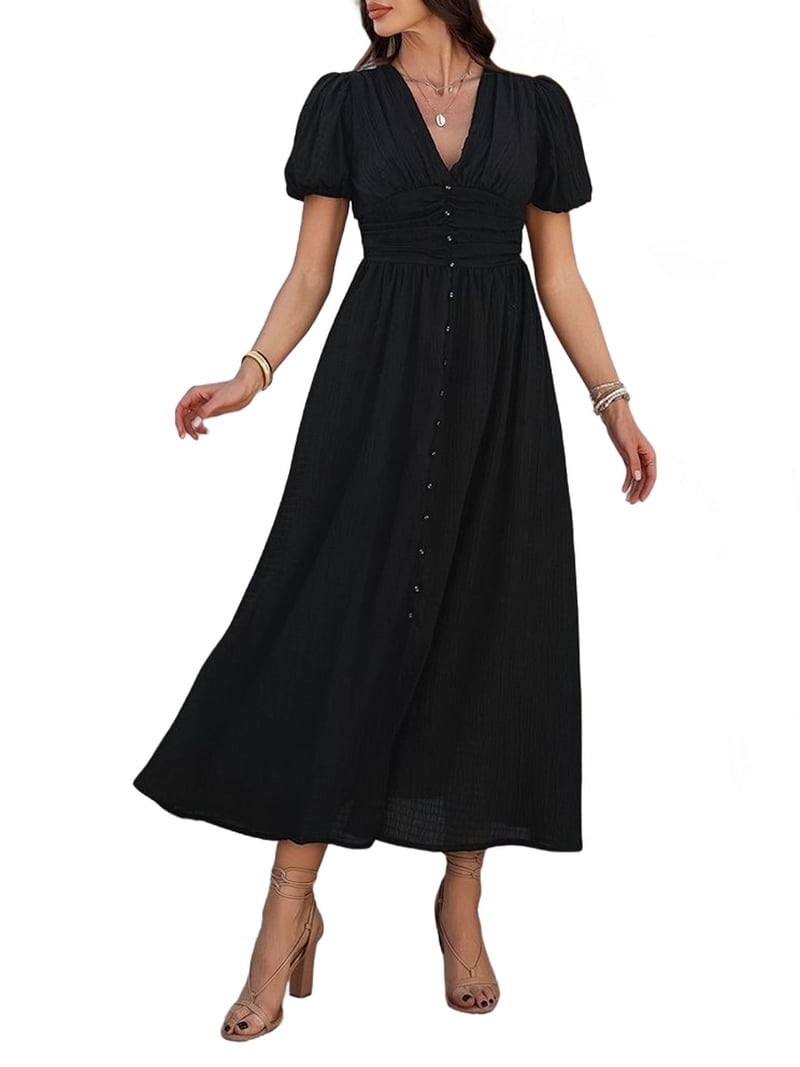 summer midi dresses 2025 Karight Summer Midi Dresses for Women 2025 Casual Short Sleeve Crewneck  Front Pleated Loose Swing T Shirt Dress with Pockets