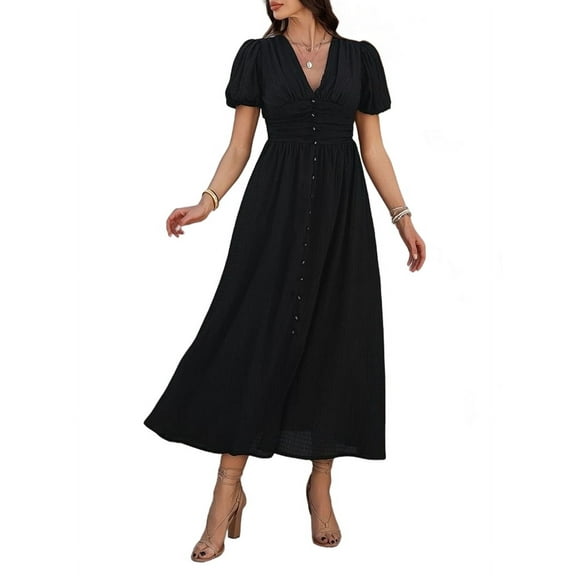 Women Summer Casual Midi Dress Puff Sleeve V Neck Ruched Button Front Split Boho Beach Vacation Wedding Dresses 2025