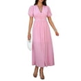 thumbnail image 1 of Women Summer Casual Midi Dress Puff Sleeve V Neck Ruched Button Front Split Boho Beach Vacation Wedding Dresses 2025 Pink L, 1 of 9