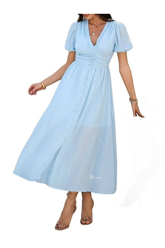 Women Summer Casual Midi Dress Puff Sleeve V Neck Ruched Button Front Split Boho Beach Vacation Wedding Dresses 2025 L