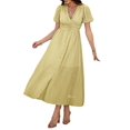 thumbnail image 1 of Women Summer Casual Midi Dress Puff Sleeve V Neck Ruched Button Front Split Boho Beach Vacation Wedding Dresses 2025 Yellow M, 1 of 9