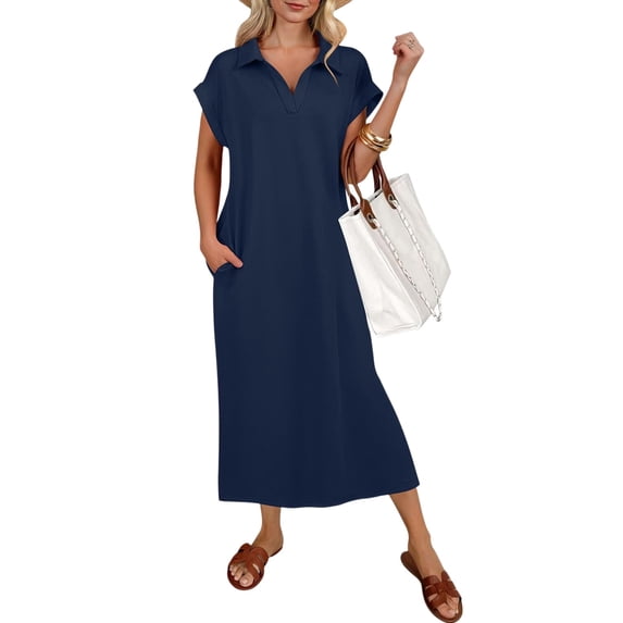 Women Summer Casual Midi Dresses Short Sleeve V Neck Loose Split Beach Vacation Tshirt Maxi Dress Dark Blue L