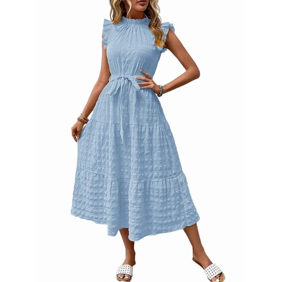 Women Summer Casual Midi Maxi Dresses Short Sleeve Light Blue S