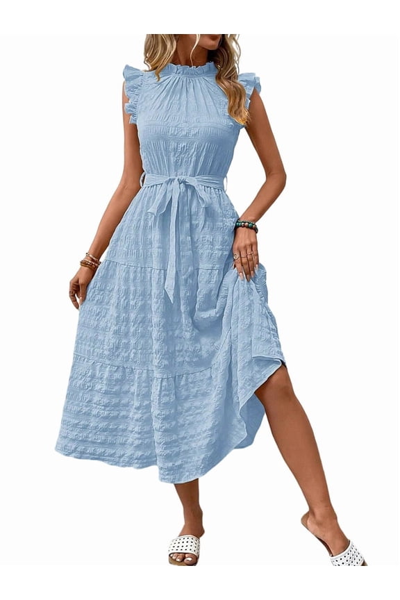 Women Summer Casual Midi Maxi Dresses Short Sleeve Light Blue S
