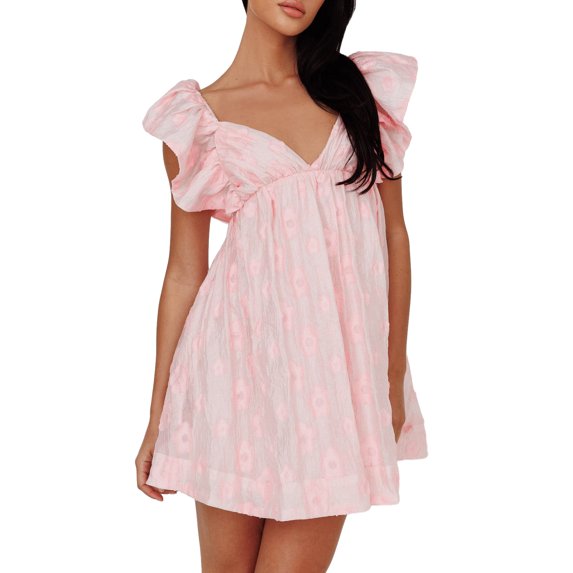 Women Summer Casual Mini Dress Flower Pattern Deep V-Neck Fly Sleeve A-line Dress Fashion Beach Holiday Dress