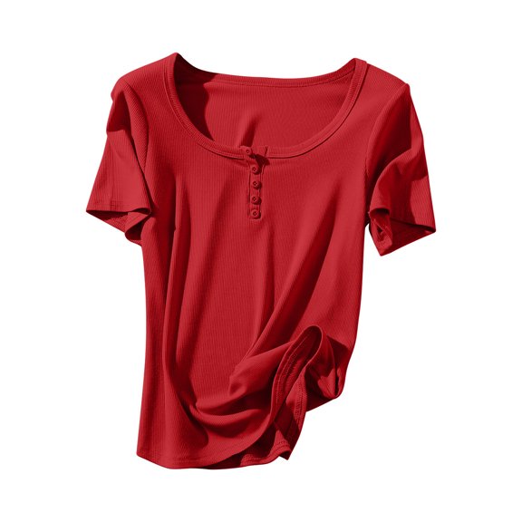 Women Summer Casual Pajama Tees Loose Short Sleeve Fit Henley Button Pj Tshirts Basic Comfy Stretch Soft Solid Color Loungewear