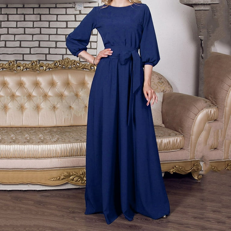 Womens Elegance Evening Dress Lantern Sleeve Solid Color Long Party Dress  W/Belt