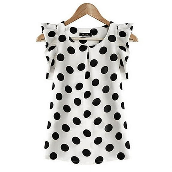 Women Summer Casual Polka Dot Round Neck Short Sleeve Shirt Top Chiffon Blouse