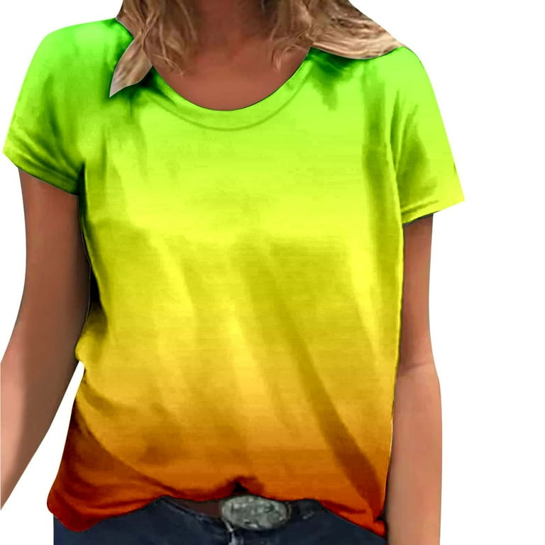 Women Summer Casual Round Neck Gradient Print Short Sleeve T Shirt