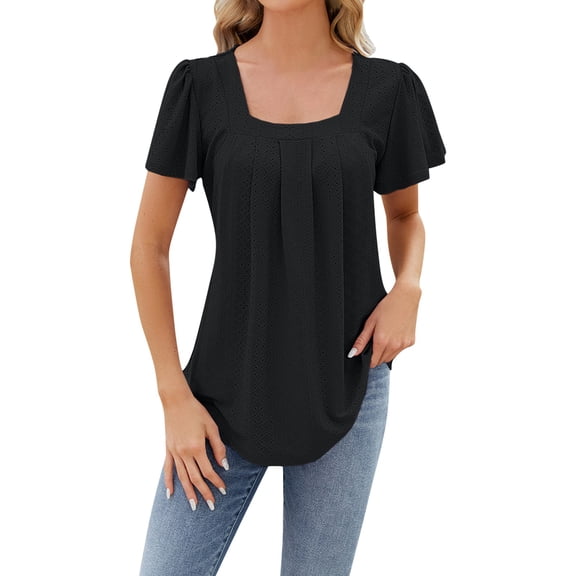 Women Summer Casual Shirts Pleated Hollow Square Neck Jacquard Short Sleeve T Shirt