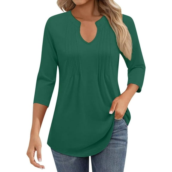 Women Summer Casual Shirts Trendy Solid Color 3/4 Sleeve V-Neck Pullover Tee Tops Dressy Casual Classic Fit Workout Blouses