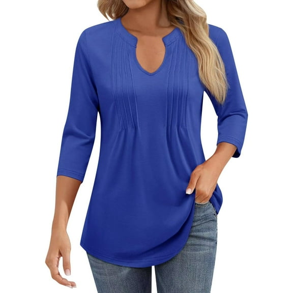 Women Summer Casual Shirts Trendy Solid Color 3/4 Sleeve V-Neck Pullover Tee Tops Dressy Casual Classic Fit Workout Blouses