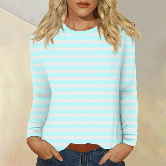 Women Summer Casual Shirts Women's Daily Casual Long-sleeved Striped Printed Crew-neck Top