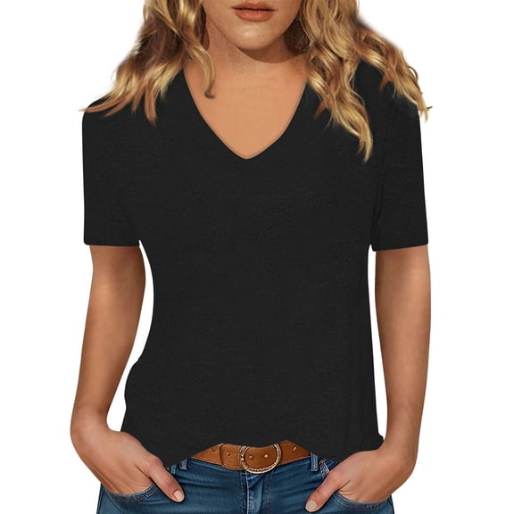 Women Summer Casual Shirts Women's Short-sleeved T-shirt V-neck Solid Color Top